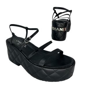 Chanel 2023 Calfskin Quilted Slingback Wedge Logo Sandals